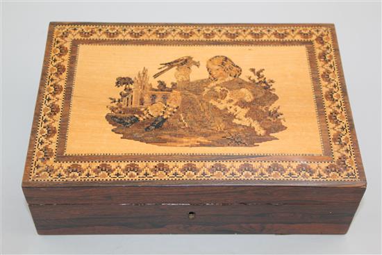 A Tunbridgeware rosewood Prince of Wales mosaic jewellery box, 9in.